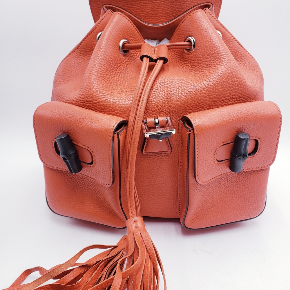 Gucci Bamboo Backpack Orange Pebbled Leather Tassel‎ - Picture 14 of 16